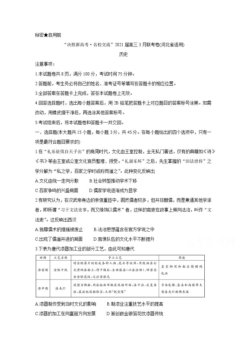 2021河北省“决胜新高考・名校交流“高三下学期3月联考试题历史含解析01