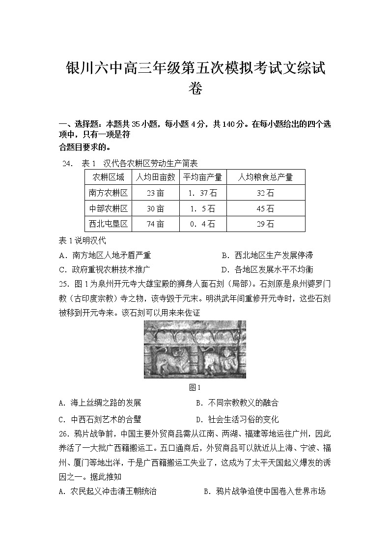 2021银川六中高三下学期第五次模拟考试文综历史试题含答案01
