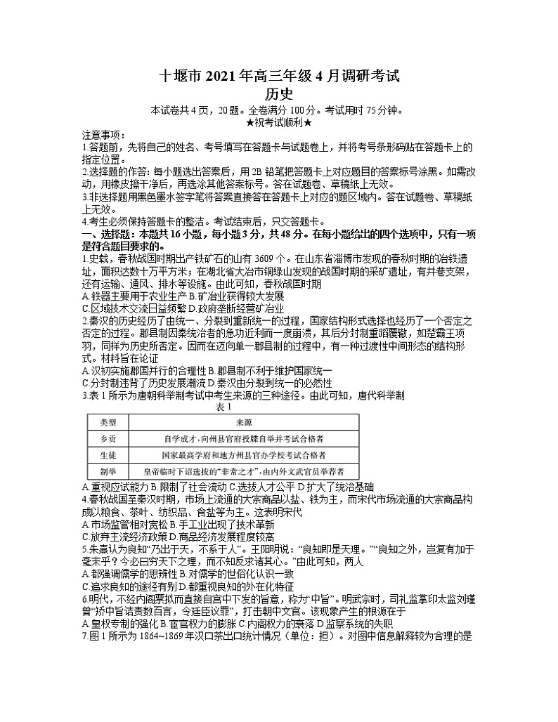 2021十堰高三下学期4月调研考试历史试题含答案第1页