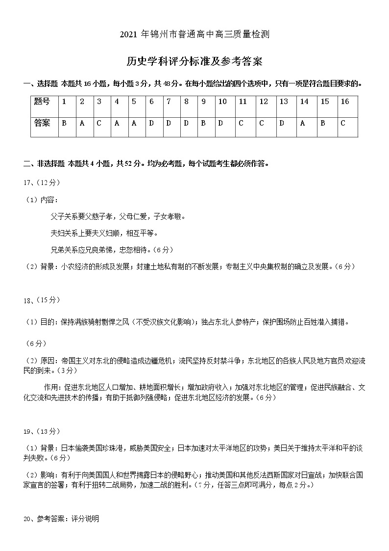 2021锦州高三下学期4月质量检测（一模）历史试题图片版含答案01