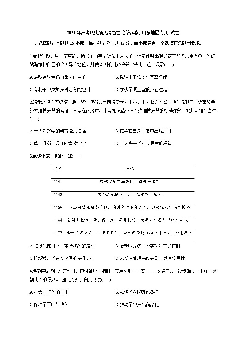 2021山东省高三下学期4月高考预测猜题卷(新高考版)历史试题含答案第1页