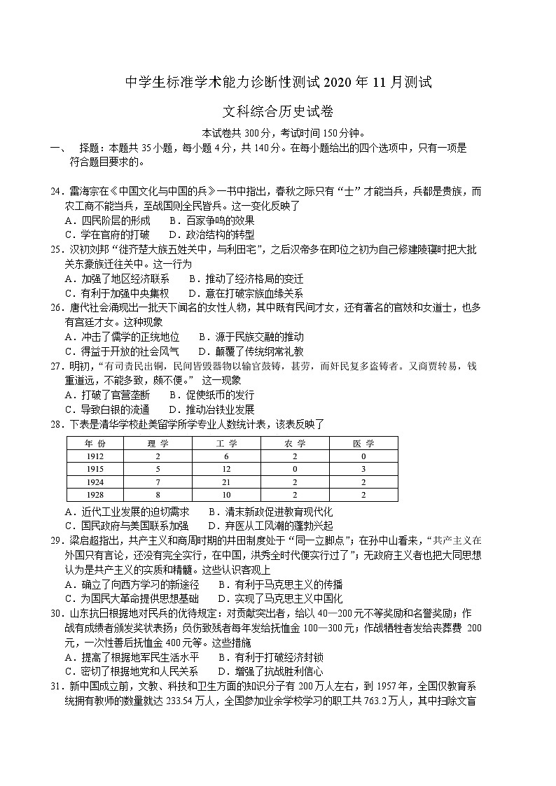 2021中学生标准学术能力诊断性测试THUSSAT高三上学期11月诊断性测试文综历史试题含答案01