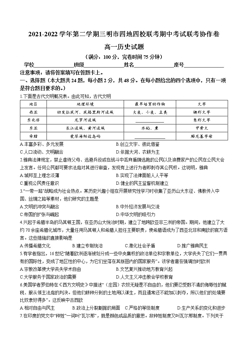 福建省三明市四地四校2021-2022学年高一下学期期中联考历史试题第1页