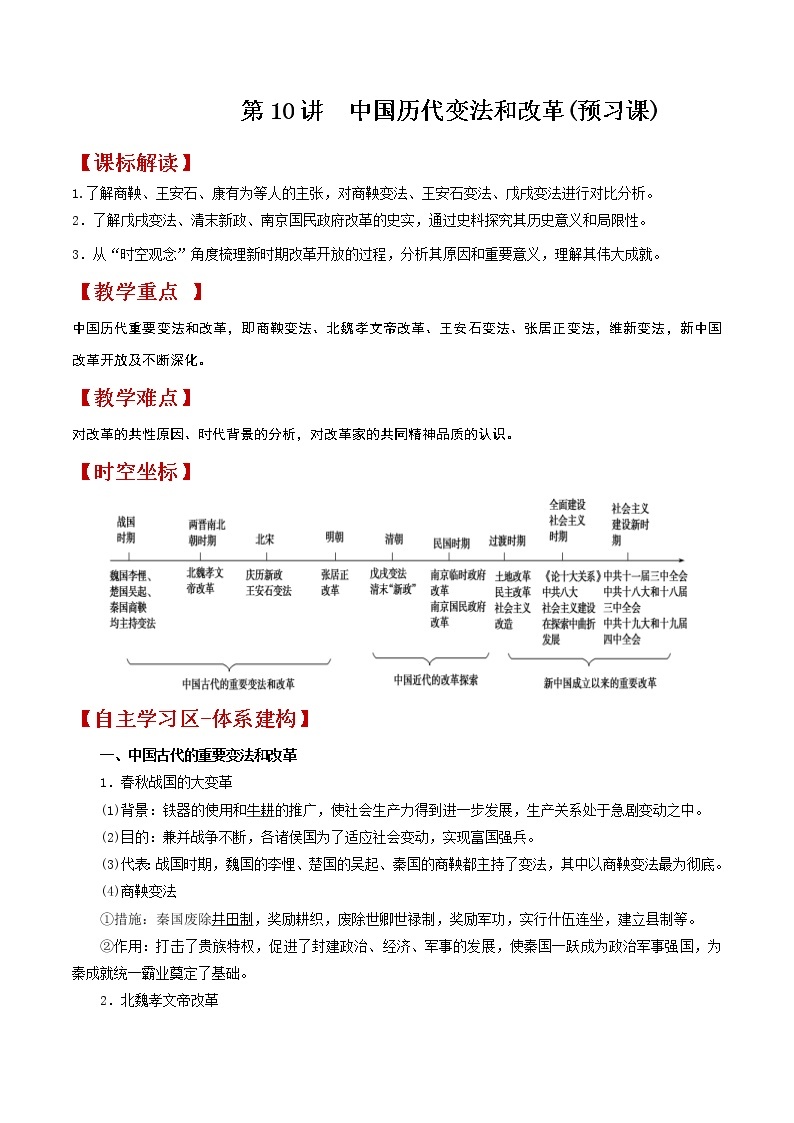 第10讲  中国历代变法和改革-【暑假自学课】2022年新高二历史暑假学案（统编版国家制度与社会治理）01