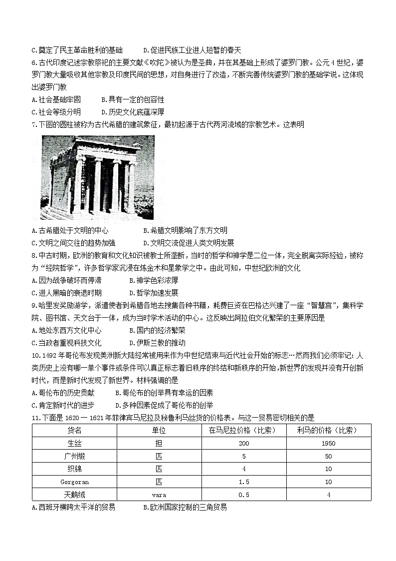 山西省2021-2022学年高一第二学期期末考试历史试题(含答案)02