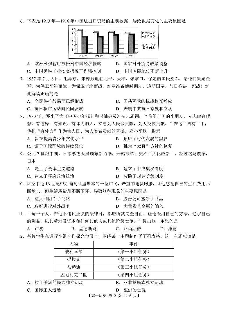 广西壮族自治区百色市2021-2022学年高一下学期期末考试历史试题02