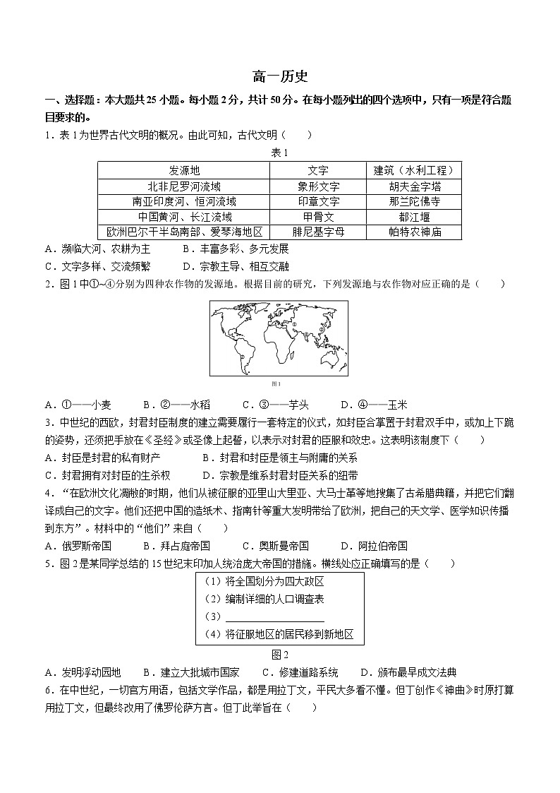 山东省威海市2021-2022学年高一下学期期末考试历史试题01