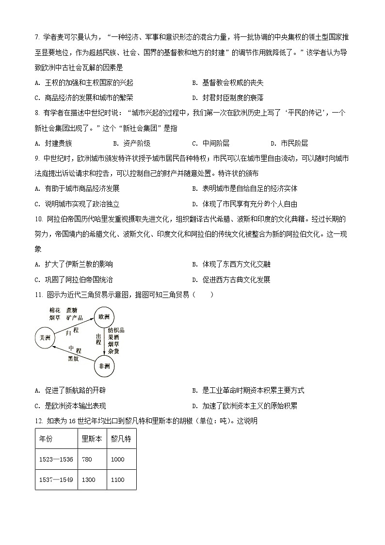 山东省淄博市2021-2022学年高一下学期中考试历史试题(原卷版)第2页