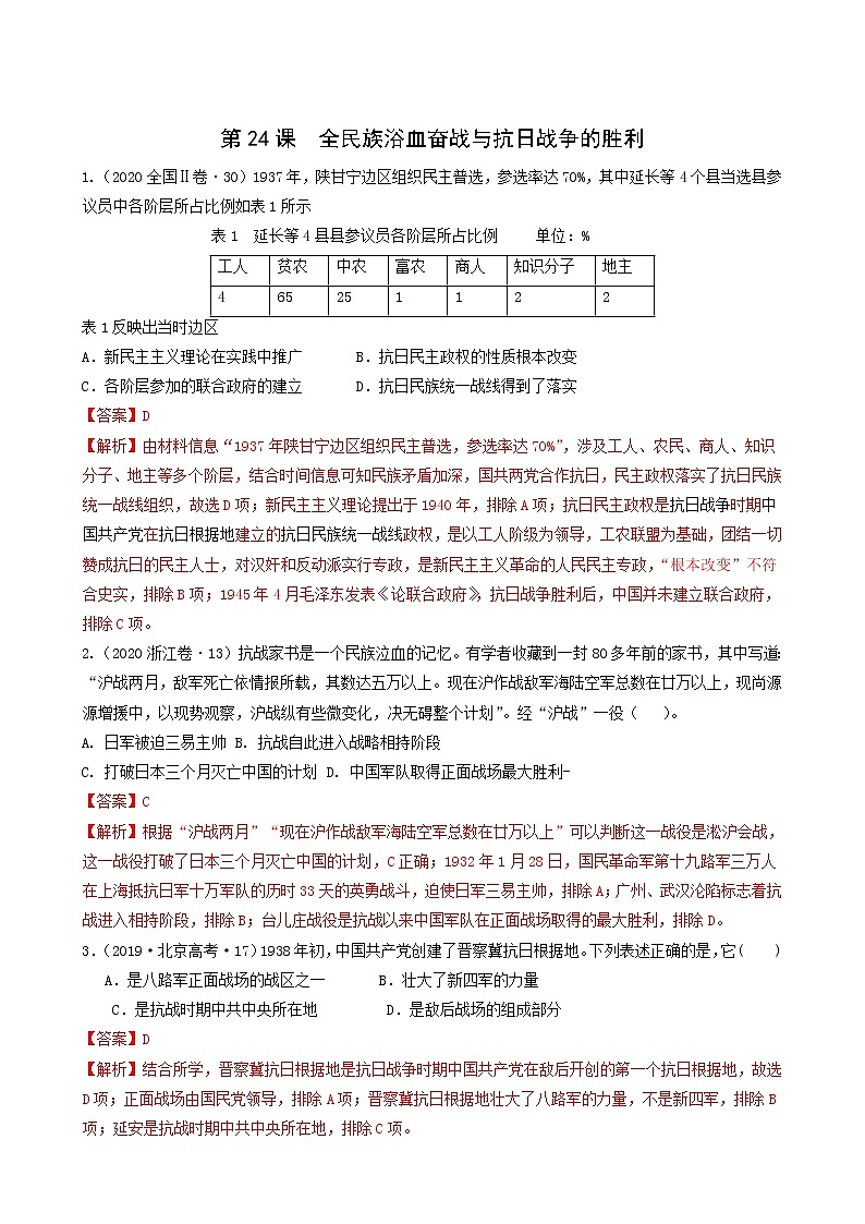 人教版高中历史必修中外历史纲要上第8单元中华民族的抗日战争和人民解放战争第24课全民族浴血奋战与抗日战争的胜利习题含答案01