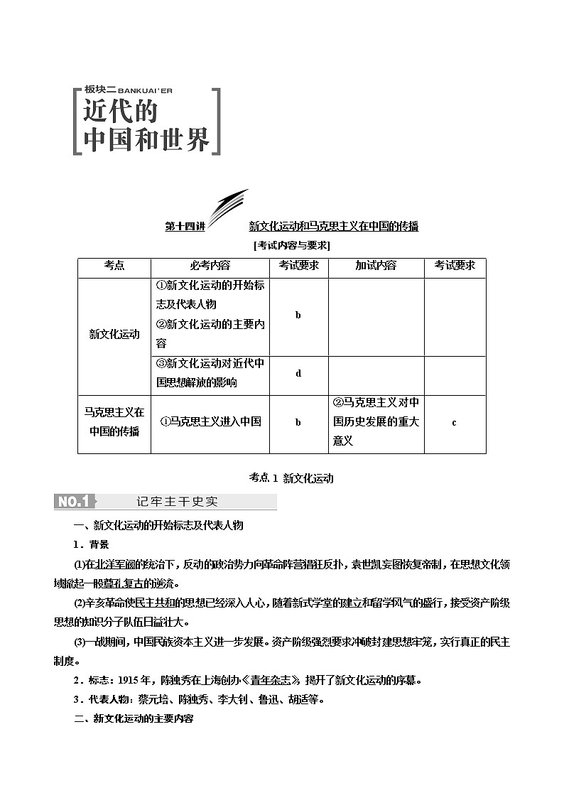 人教版高中历史二次选考专题7第14讲新文化运动和马克思主义在中国的传播学案含答案第1页