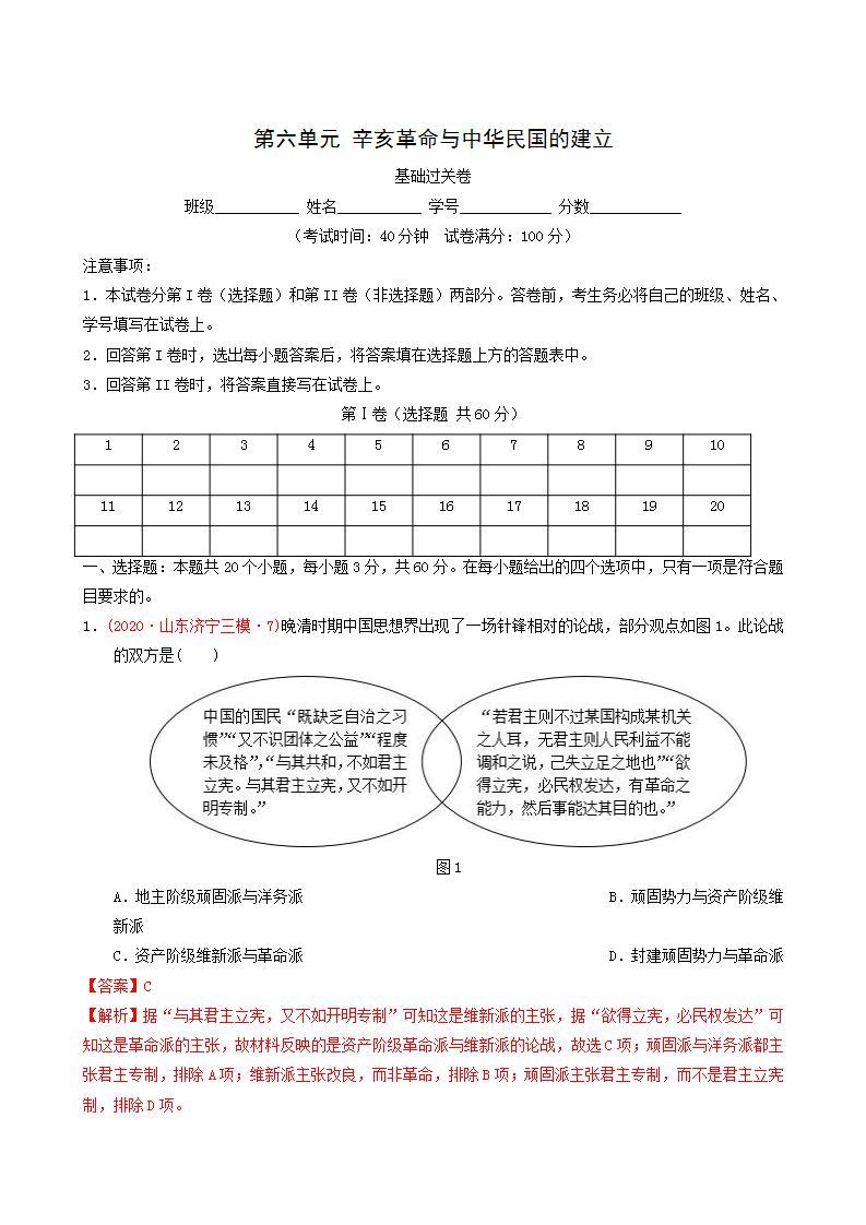 人教版高中历史必修中外历史纲要上第6单元辛亥革命与中华民国的建立单元测试卷基础过关含解析01