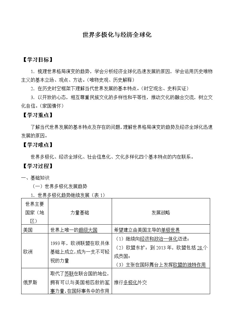 高中历史必修下 (学案)世界多极化与经济全球化第1页