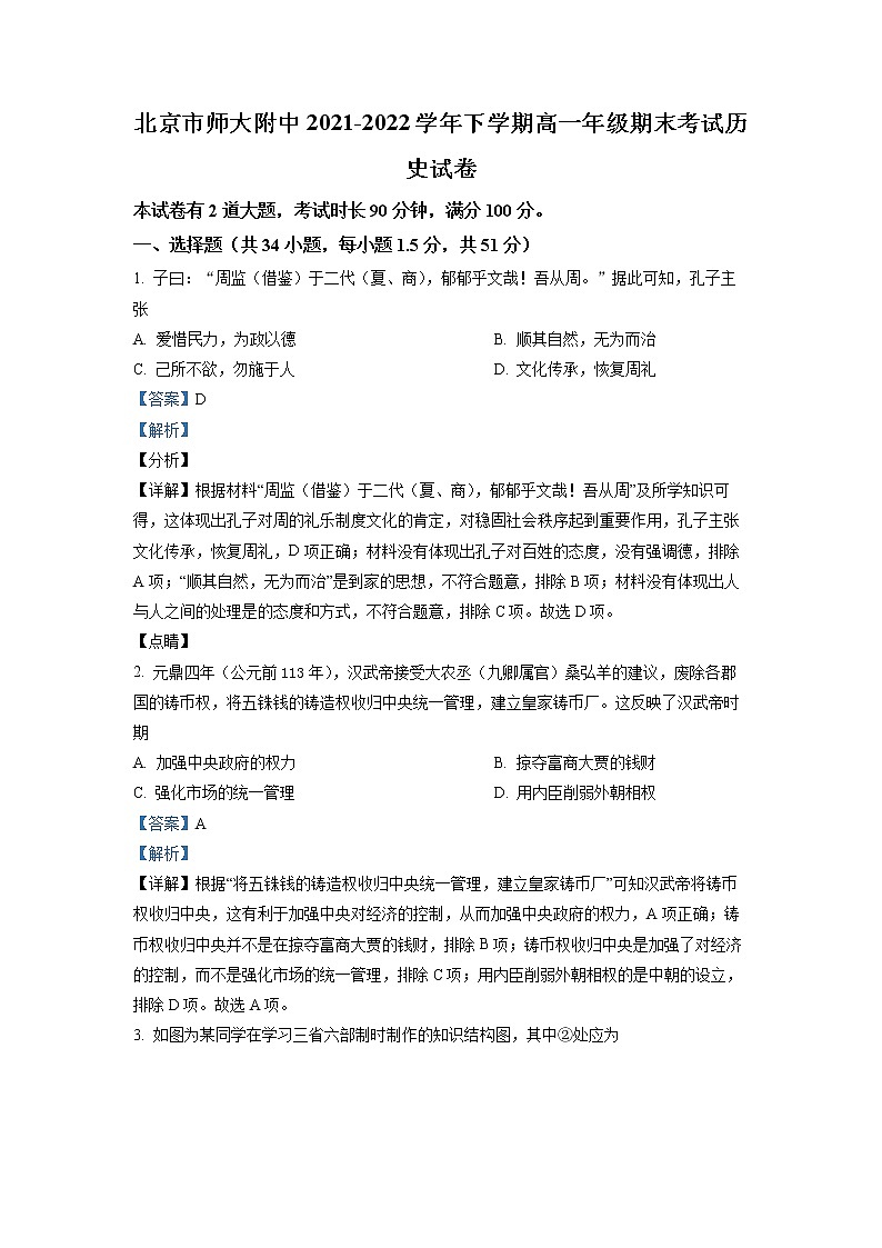 北京市北师大附中2021-2022学年高一下学期期末考试历史试题(解析版)第1页