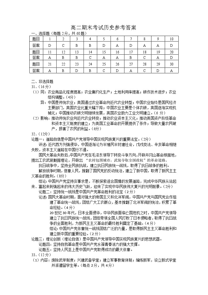 高二期末历史试卷答案2022下第1页