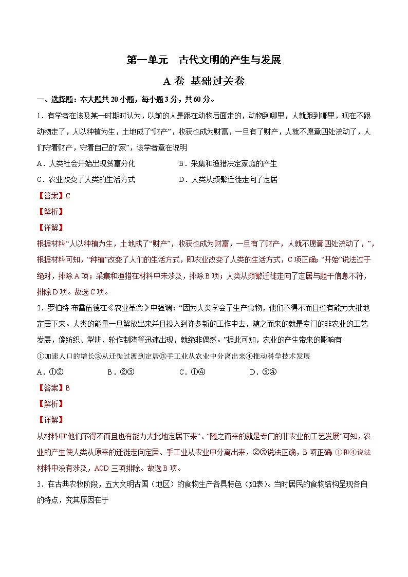 第一单元 古代文明的产生与发展(A卷·夯实基础)-2022-2023学年高一历史同步单元AB卷(中外历史纲要下)01