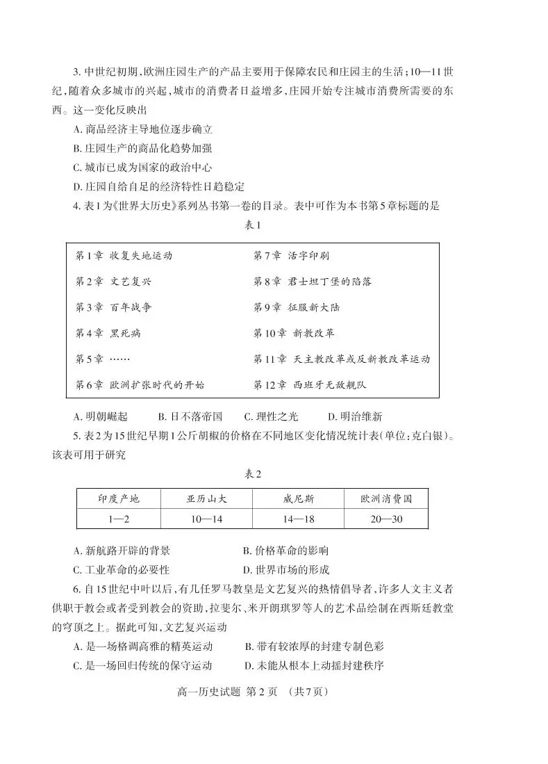 山东省泰安市2021-2022学年高一下学期期末考试历史试题02