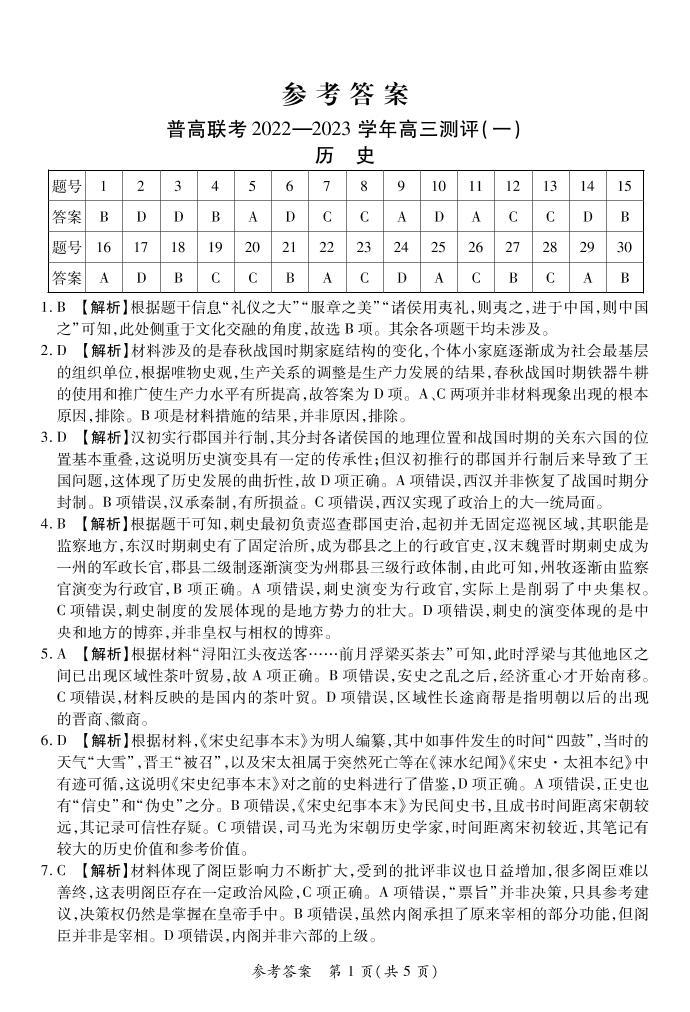 2023河南省普高联考高三上学期测评（一）（9月）历史含解析01