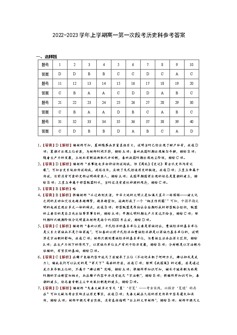 2023佛山一中高一上学期第一次段考试题(10月)历史含答案01