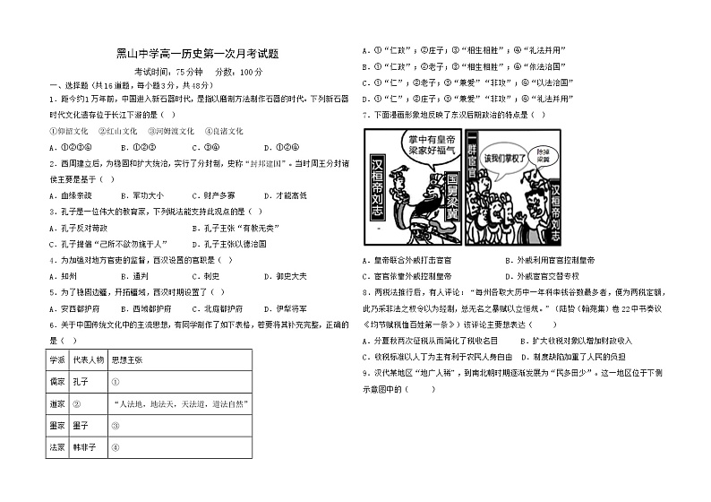 辽宁省锦州市黑山县黑山中学2022-2023学年高一上学期第一次月考历史试题第1页