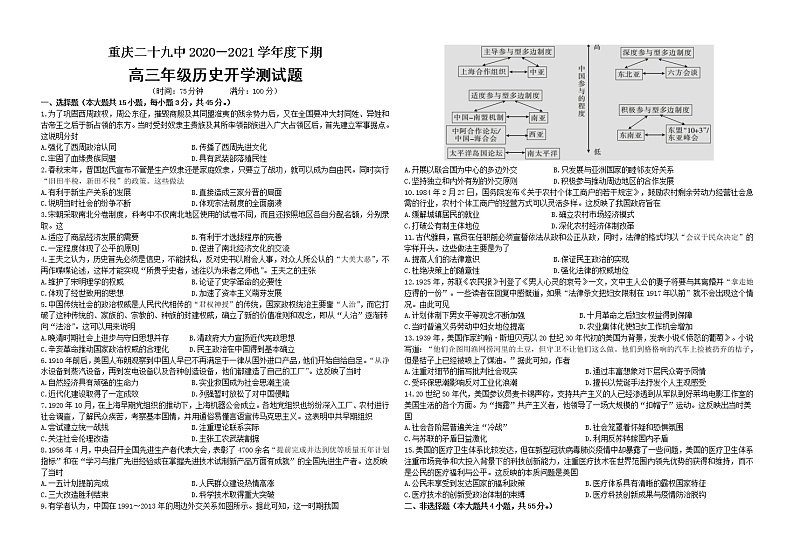2021重庆市第二十九中学高三下学期开学测试历史试题含答案01