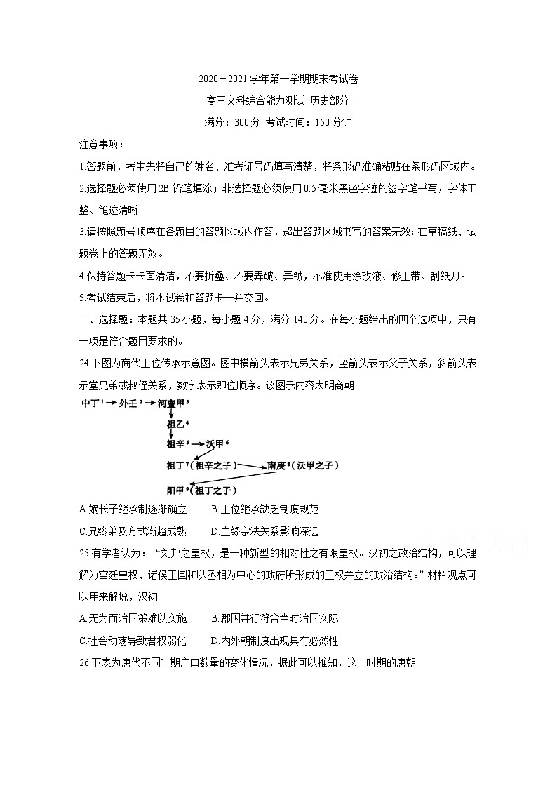 2021池州高三上学期1月期末考试历史含答案第1页