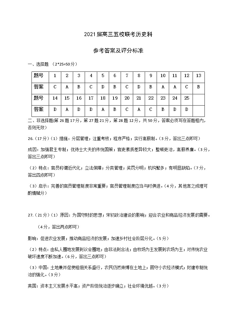 2021安徽省五校高三上学期12月联考历史试题含答案01