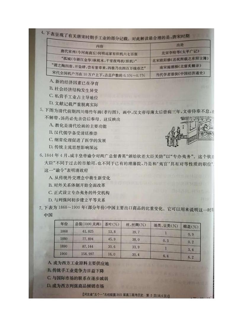 河北省“五个一”名校联盟2021届高三上学期第一次联考历史试题(图片版)第2页