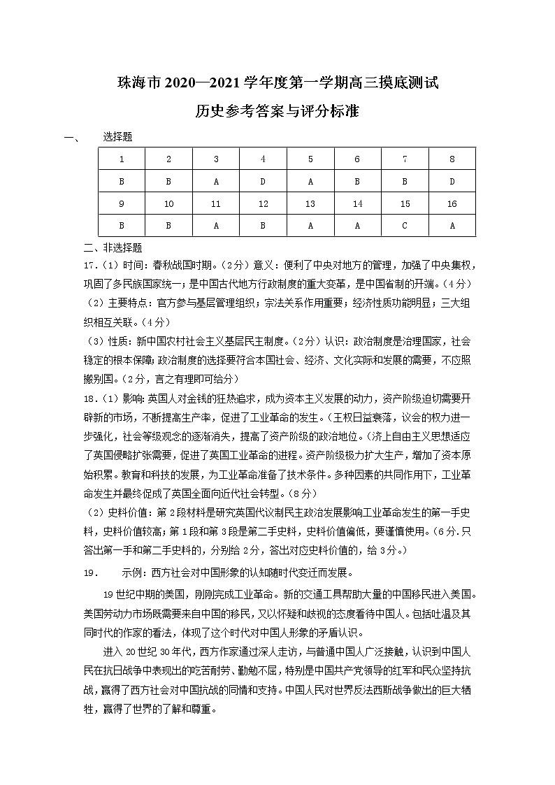 高三摸底考试历史参考答案与评分标准第1页