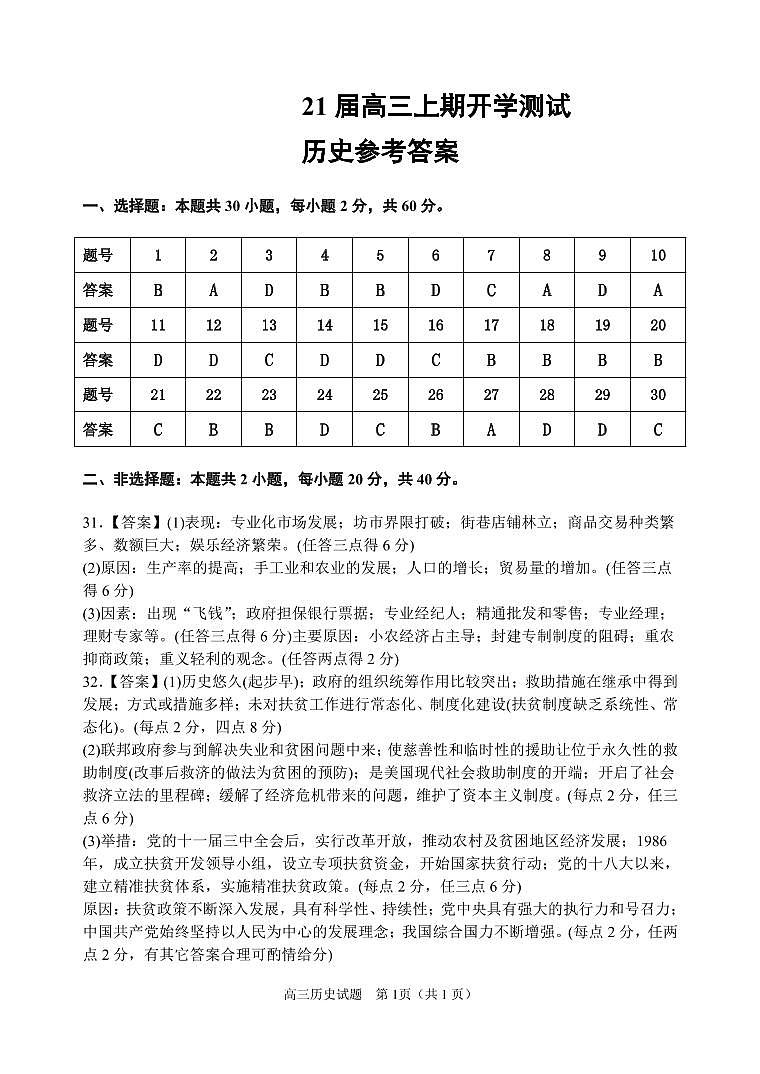河南省郑州一中2021届高三上学期开学测试历史答案第1页