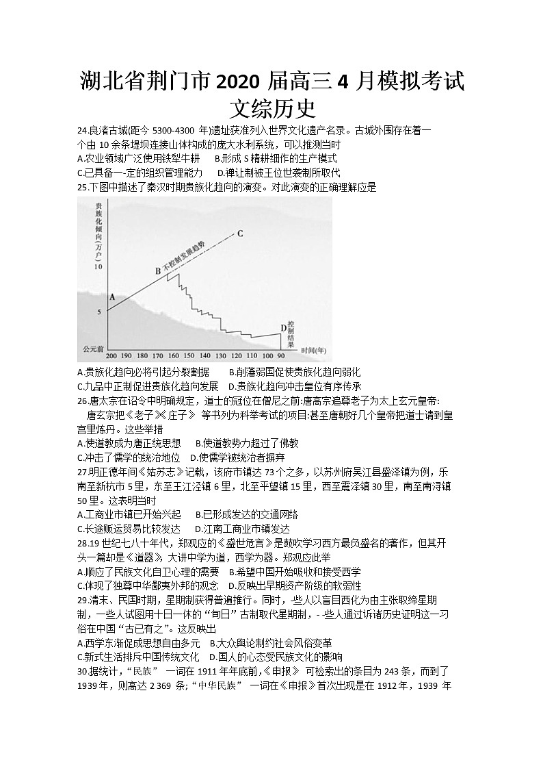 2020荆门高三4月模拟考试历史试题含答案01