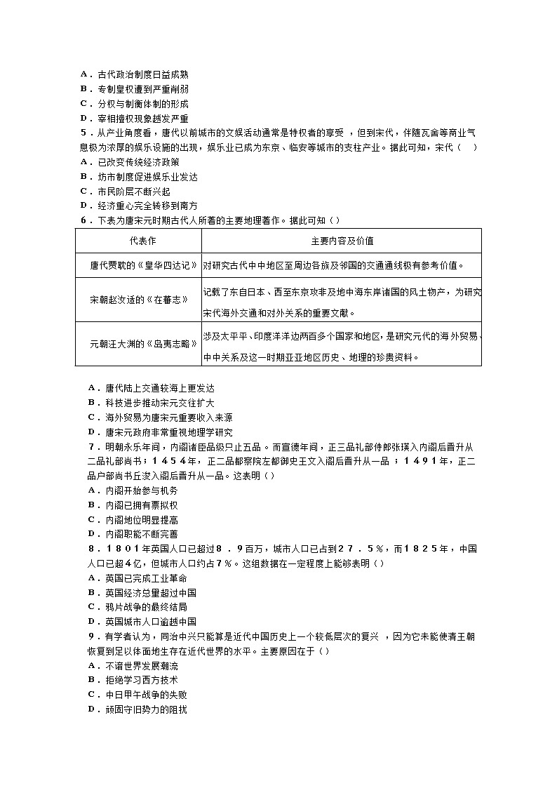2021安徽省示范高中培优联盟高二下学期春季联赛历史试题含解析第2页