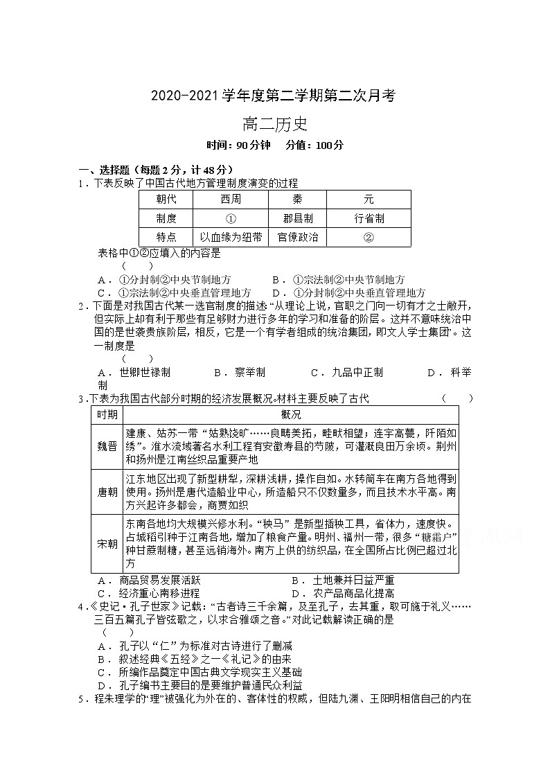 2021寿县二中高二下学期第二次月考历史试卷含答案第1页