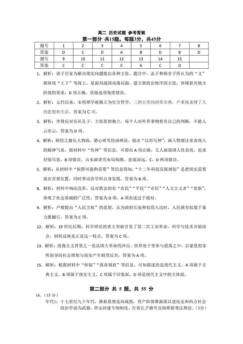 河北省张家口市张垣联盟2020-2021学年高二上学期阶段检测历史答案第1页