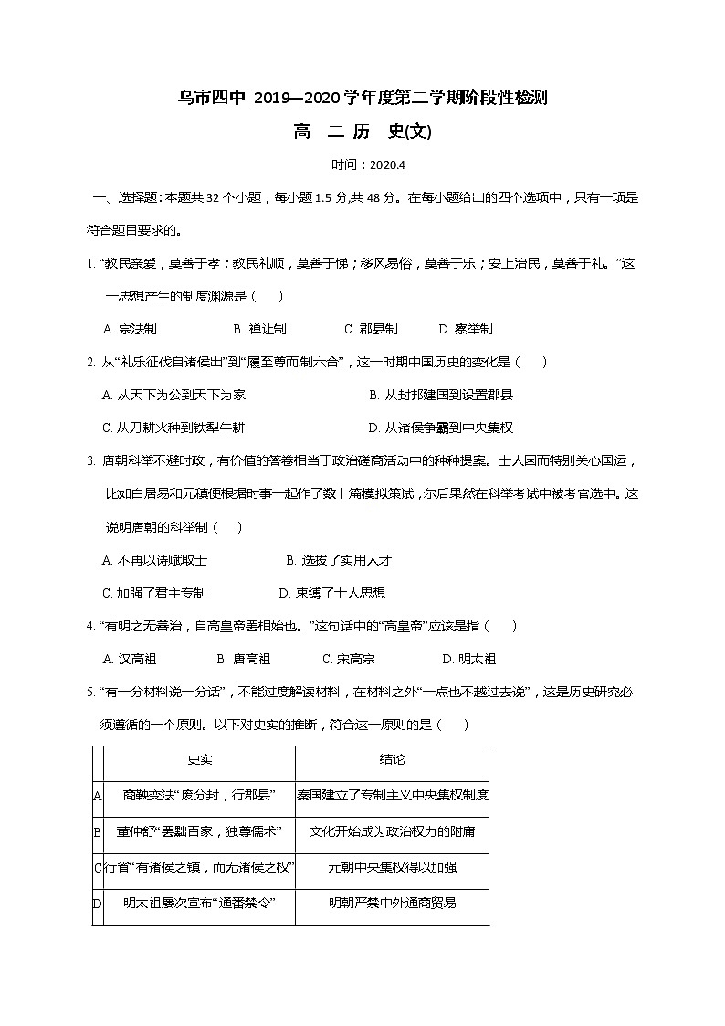 2020乌鲁木齐四中高二下学期期中考试历史试题含答案01