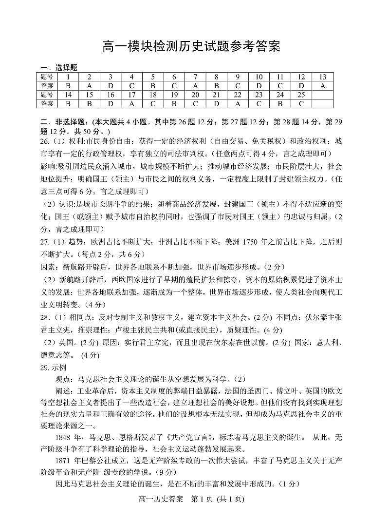 高一历史参考答案第1页