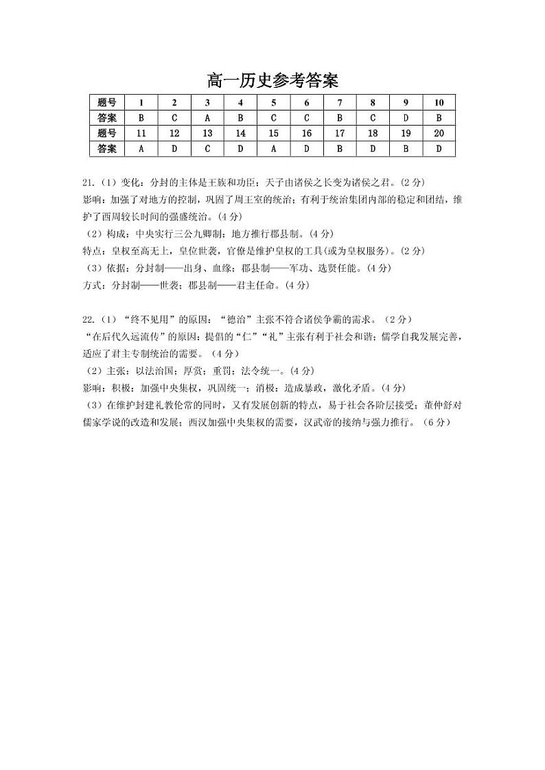 安徽省六安市皖西中学2020-2021学年高一上学期期中考试历史答案第1页