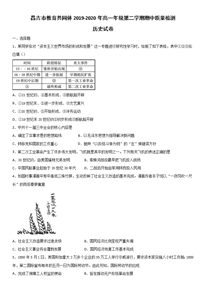 2020昌吉教育共同体高一下学期期中考试历史试题含答案第1页