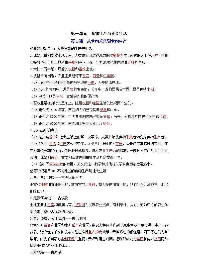 【全册知识清单】高中历史（选择性必修一二三）第一单元 食物生产与社会生活 - 必背知识清单01