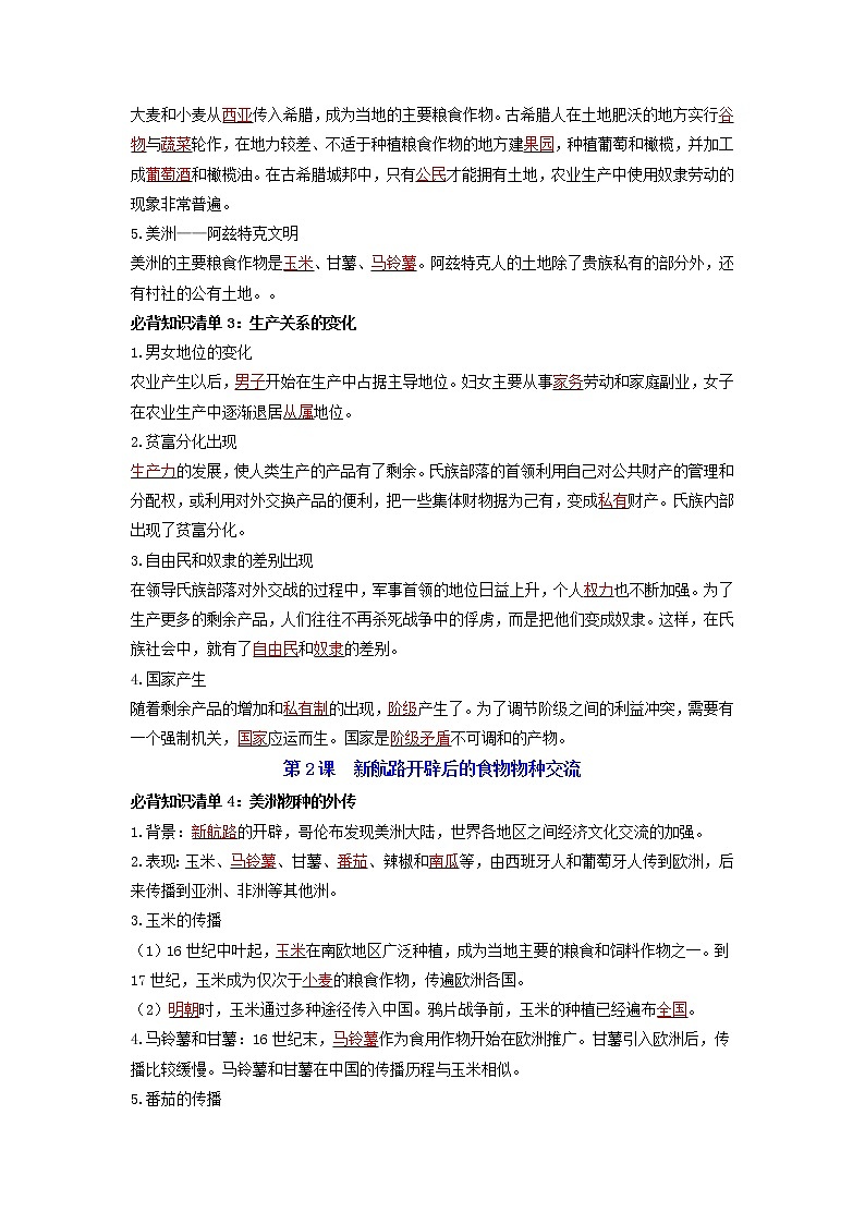 【全册知识清单】高中历史(选择性必修一二三)第一单元 食物生产与社会生活 - 必背知识清单02