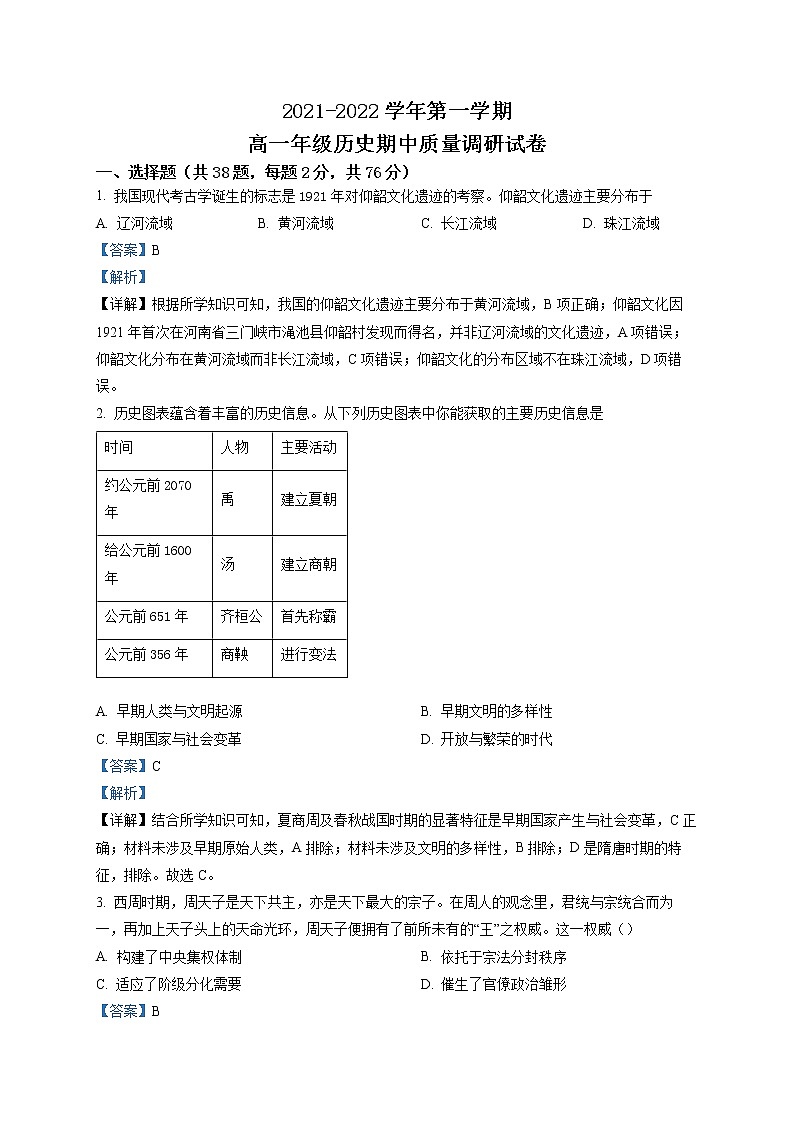 2022常州武进区礼嘉中学高一上学期期中考试历史试题Word含解析第1页