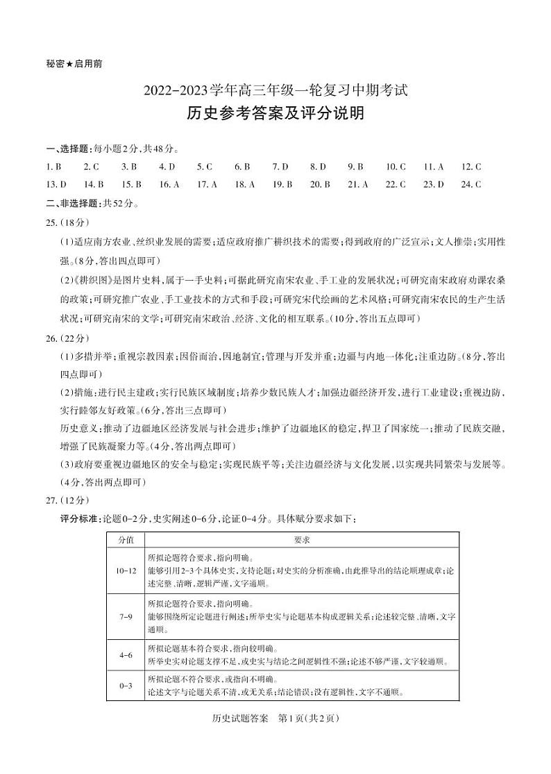 山西省思而行2023届高三上学期一轮复习期中考试历史答案第1页