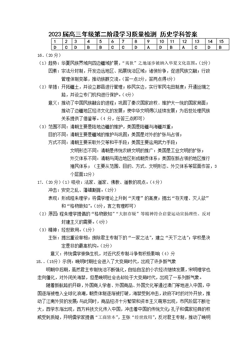 天津市实验中学2022-2023学年高三上学期第一阶段学习质量检测历史答案第1页