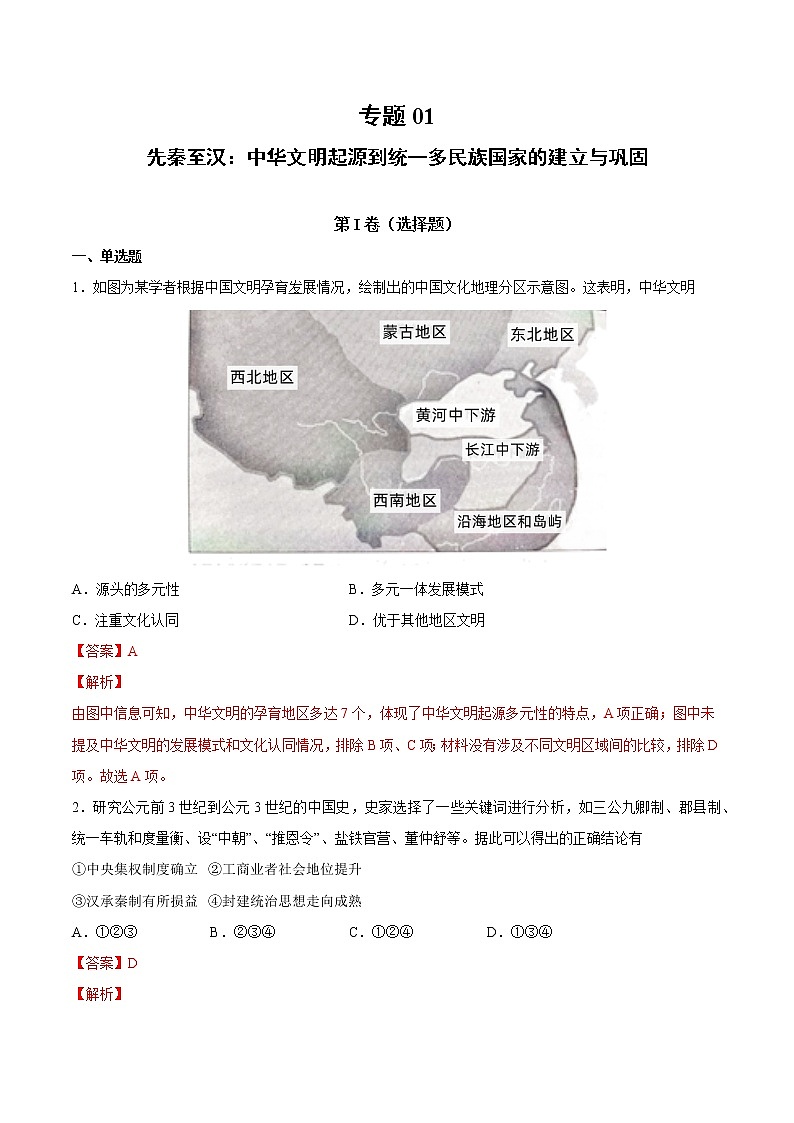 【高考专题复习】高考历史专题复习-专题01《先秦至汉:中华文明起源到统一多民族国家的建立与巩固》典例卷(含解析)(全国通用)01