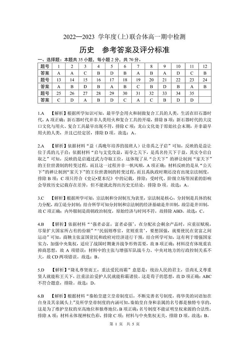 8.(辽宁)2022—2023学年度(上)联合体高一期中检测-历史-参考答案及解析第1页
