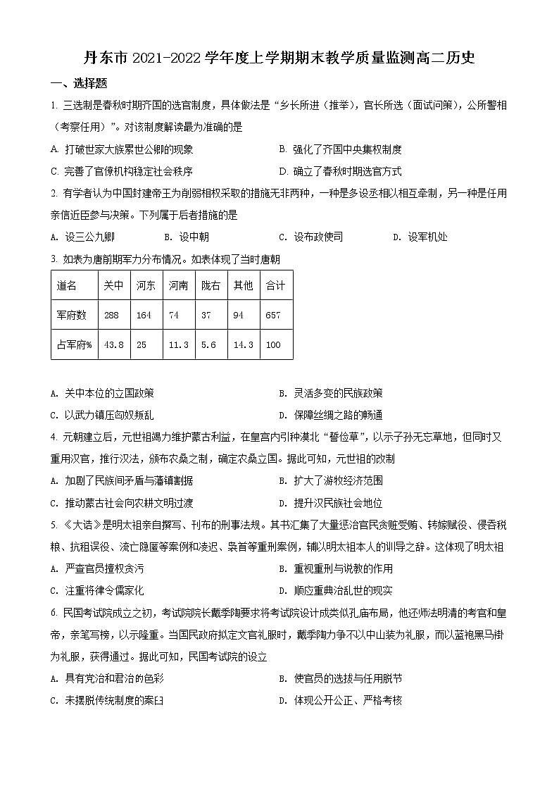 精品解析:辽宁省丹东市2021-2022学年高二上学期期末教学质量监测历史试题01