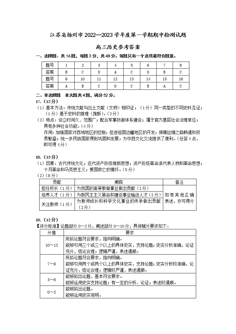 江苏省扬州中学2022-2023学年高三上学期期中考试历史答案第1页