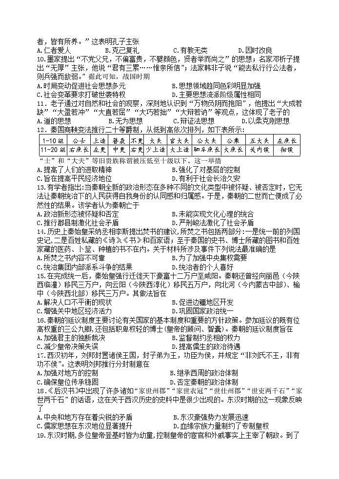 陕西省西安市长安区第一中学2022-2023学年高一上学期第一次月考历史试题02