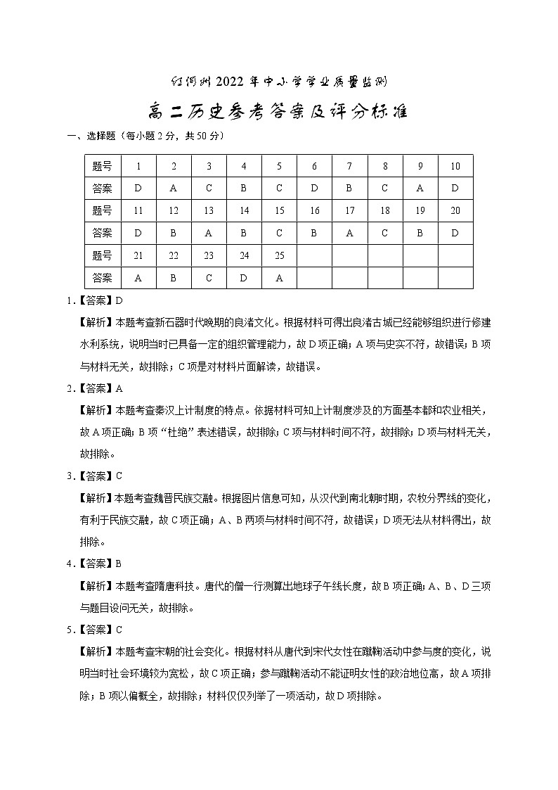 云南省红河州2021-2022学年高二下学期期末考试历史答案第1页