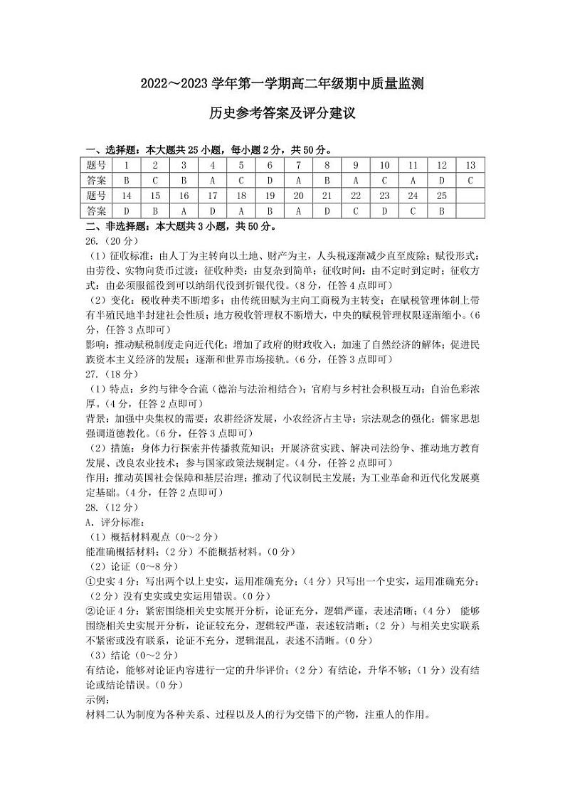 山西省太原市2022-2023学年高二上学期期中 历史试卷及答案(含答题卡)01