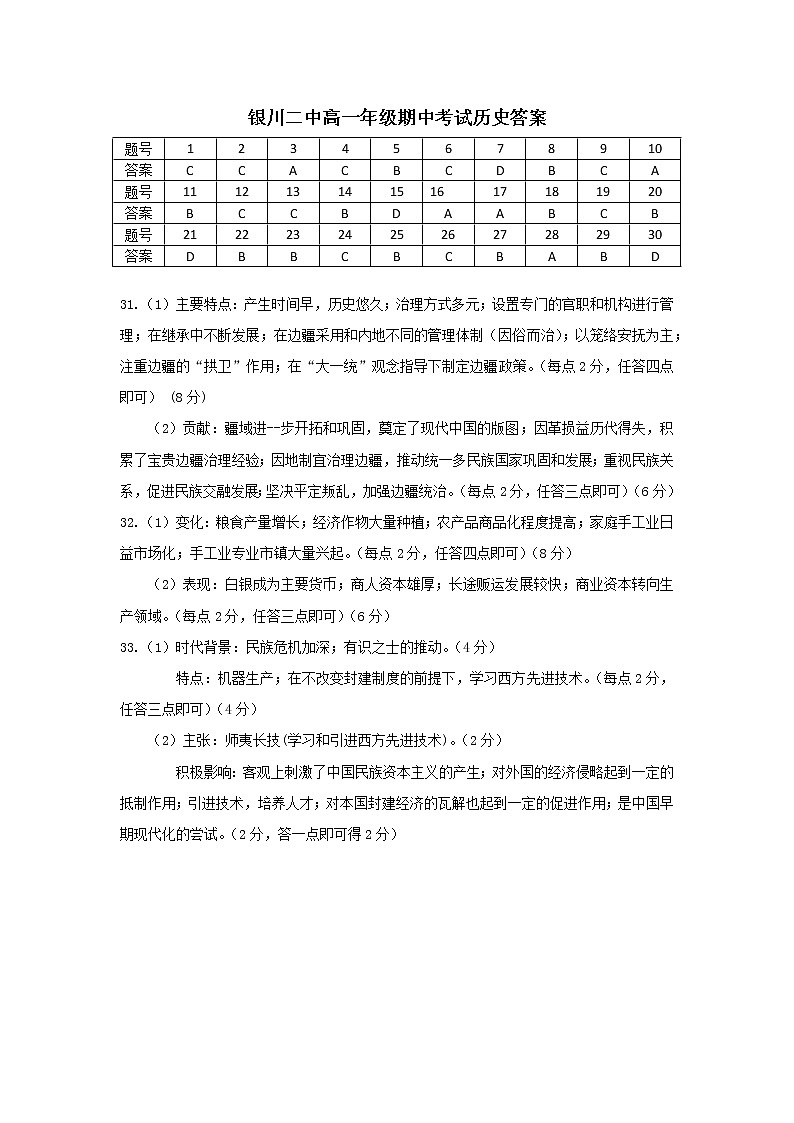 2023银川二中高一上学期期中考试历史试题含答案01